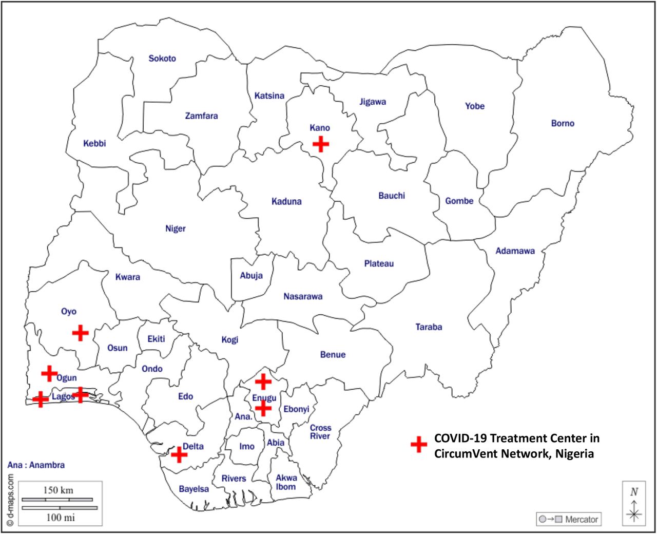 Each red cross represents one of the eight COVID-19 treatment centers in the CircumVent network. All of the centers are housed in tertiary hospitals: Aminu Kano Teaching Hospital (AKTH; 700-bed facility), Delta State University Teaching Hospital (DELSUTH; 250-bed facility), Federal Medical Centre, Abeokuta and Federal Medical Centre Ebute Metta, Lagos (FMC Lagos; 240-bed facility), Lagos University Teaching Hospital (LUTH; 761-bed facility), University College Hospital, Ibadan (UCH; 1000-bed facility), University of Nigeria Teaching Hospital (UNTH; 500-bed facility), Enugu State University Teaching Hospital (EUTH; 50-bed facility), Alex Ekwueme Federal University Teaching Hospital (FUTH; 602-bed facility).