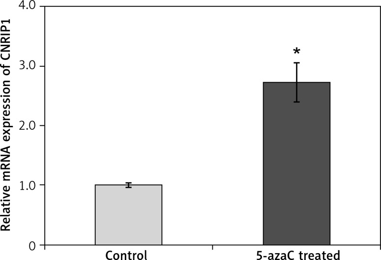 CNRIP1 mRNA expression levels in colon cancer cells before and after 5-azaC treatment. The CNRIP1 mRNA expression level in SW620 cells after 5-azaC treatment was significantly higher (2.72 ±0.33; p < 0.05) than within SW620 cells not treated with 5-azaC (1.00 ±0.04)