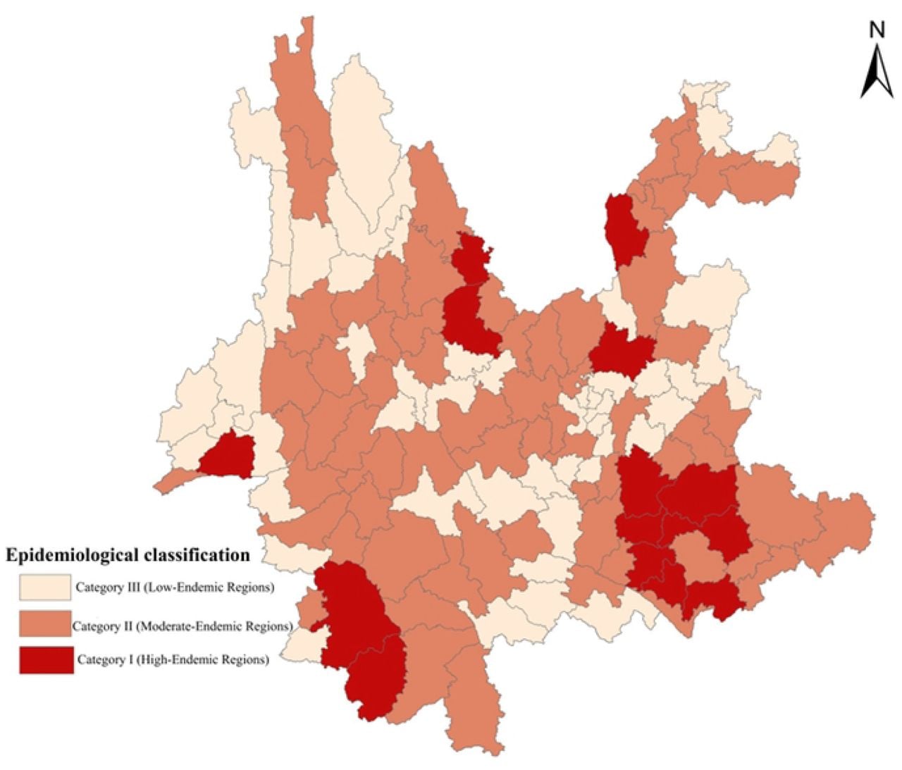 Spatial Distribution of Epidemiological Risk Levels in Yunnan Province