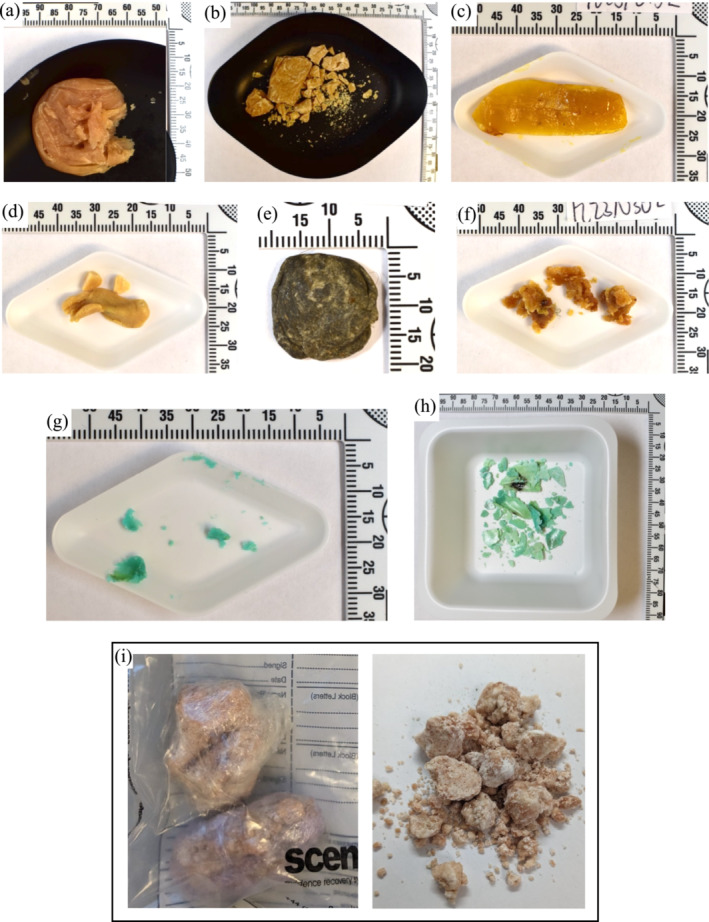 Examination photographs of samples of waxy‐ or putty‐like materials seized from the Scottish prisons: (a) FL23/0180‐1, (b) FL23/0174, (c) FL23/0152, (d) FL23/0301, (e) FL23/0367, (f) FL23/0302, (g) FL23/0167 at first examination, (h) FL23/0167 at second examination following exposure to air/evaporation, and (i) examination photographs of a sample seized from the English prisons.