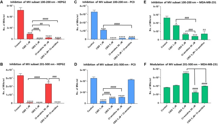 CBD modulates different MV subpopulations released from PC3, HEPG2 and MDA-MB-231 cells. Inhibitory effects of CBD alone, Cl-amidine or CBD in combination with Cl-amidine on 100–200 nm and 201–500 nm sized microvesicles, based on size exclusion analysis by Nanosight Tracking Analysis (NTA). Inhibition of 100–200 nm MV release in (A) PC3; (C) HEPG2; and (E) MDA-MB-231 cancer cells. Inhibition of 201–500 nm MV release in (B) PC3; (D) HEPG2; and (F) MDA-MB-231 cancer cells. The experiments were repeated three times and the data presented are mean ± SEM of the results (∗p ≤ 0.05; ∗∗p ≤ 0.01; ∗∗∗p ≤ 0.001; ∗∗∗∗p ≤ 0.0001 versus Control; Differences between CBD and Cl-amidine treatment group is further indicated as #p ≤ 0.05; ##p ≤ 0.01; ###p ≤ 0.001; ####p ≤ 0.0001).