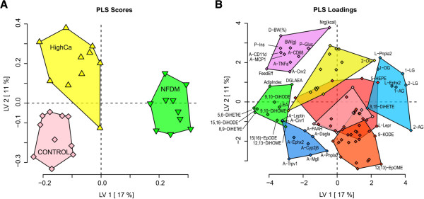Discriminant analysis clearly segregates dietary treatment groups in a mouse model of developing obesity (Cohort 1). A PLS-DA model using physiological measurements, 61 plasma lipid metabolites, and mRNA relative abundance in retroperitoneal adipose tissue (A-), liver (L-), and nodose ganglia (N-) illustrates differential distribution between DIO mice fed 0.5% calcium (Control; pink), 1.5% calcium (HighCa; yellow), or 1.5% calcium + nonfat dry milk (NFDM; green). A plots the latent variable 1 (LV1; X axis) and 2 (LV2; Y axis) scores for each mouse, while B plots the variable weights in these axes. Variables were grouped and color coded based on a hierarchical cluster analysis. Selected variables in clusters and lipid classes driving group segregation are labeled (for a complete list of variables, see Additional file 3: Tables S1 and S2). Plasma fatty acid diols cluster with Adiposity Index and 18 carbon acylethanolamides (green cluster) and are reduced in NFDM-fed mice relative to Control and HighCa fed mice, along LV1. Conversely, monoacylglycerols cluster with expression of soluble epoxide hydrolase and adipose triglyceride lipase in the liver, and are elevated in NFDM-fed mice. Body weight, adiposity index, energy intake, and mRNA abundance of retroperitoneal adipose tissue inflammatory markers (purple cluster) drive the separation of HighCa fed mice from NFDM mice and controls in LV2.