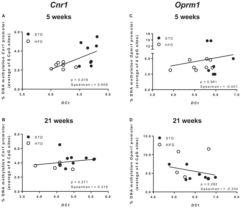 Correlation between Cnr1 expression and % change of DNA methylation after 5 (A) and 21 weeks of diet (B). Correlation between Oprm1 expression and % change of DNA methylation after 5 (C) and 21 weeks of diet (D). Data were analyzed by Spearman’s rank correlation coefficient.