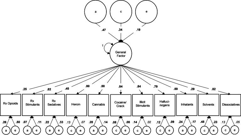 Proportion of variance in lifetime drug use attributable to a latent general factor and drug-specific additive genetic (a), common environmental (c), and unique environmental (e) factors in the best-fit common pathway model.Note: Bold font indicates significant parameter at p < 0.001; italic font indicates significant parameter at p < 0.05; variance components may not sum to 1 due to rounding error; variances of residual components were set to 1 (not depicted).