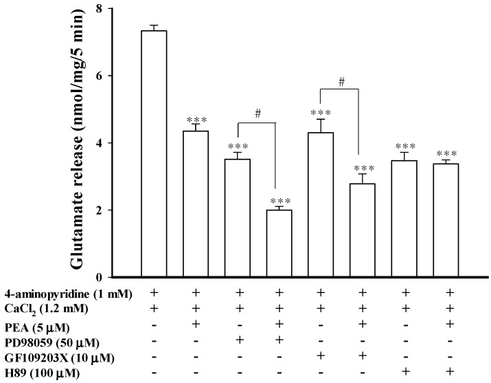 PEA-mediated inhibition of evoked glutamate release is prevented by the PKA inhibitor H89. Bar graph showing glutamate release induced by 1 mM 4-aminopyridine in the absence (control) or presence of 5 μM PEA, 50 μM PD98059, 50 μM PD98059 and 5 μM PEA; 10 μM GF109203X, 10 μM GF109203X and 5 μM PEA; 100 μM H89; or 100 μM H89 and 5 μM PEA. PEA was added 10 min before depolarization, whereas the other drugs were added 30 min before depolarization. Results are mean ± SEM of 5–7 independent experiments. *** p < 0.001 versus control group. # p < 0.05 versus the PD98059- or GF109203X-treated group.