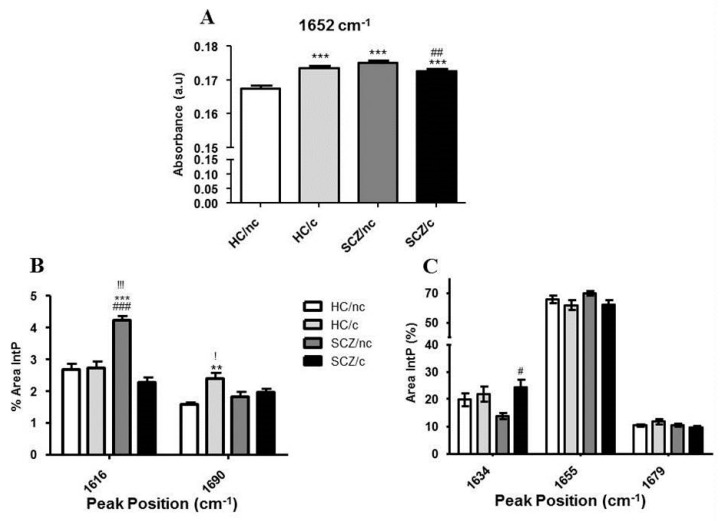 Major peak amplitudes related to the protein signature in ON cells from healthy controls non-cannabis users (HC/nc); healthy controls cannabis users (HC/c); schizophrenic patients non-cannabis users (SCZ/nc) and schizophrenic patients cannabis users (SCZ/c). (A) Peak amplitudes for the Amide I peak (1652 cm−1). (B,C) Amide I area FTIR spectra deconvolution expressed as the percentage of the integrated area (%) of the protein secondary structures related to their centred peak positions. (B) Side chains/cross β-sheet (1616 cm−1), and antiparallel β-sheet (1690 cm−1). (C) β-sheet/unordered (1634 cm−1), α-helix (1655 cm−1), and turns & loops (1679 cm−1). The data are expressed as means ± S.E.M. * p < 0.05; ** p < 0.01; *** p < 0.001 vs. HC/nc. ! p < 0.05; !! p < 0.01; !!! p < 0.001 HC/c vs. SCZ/nc.