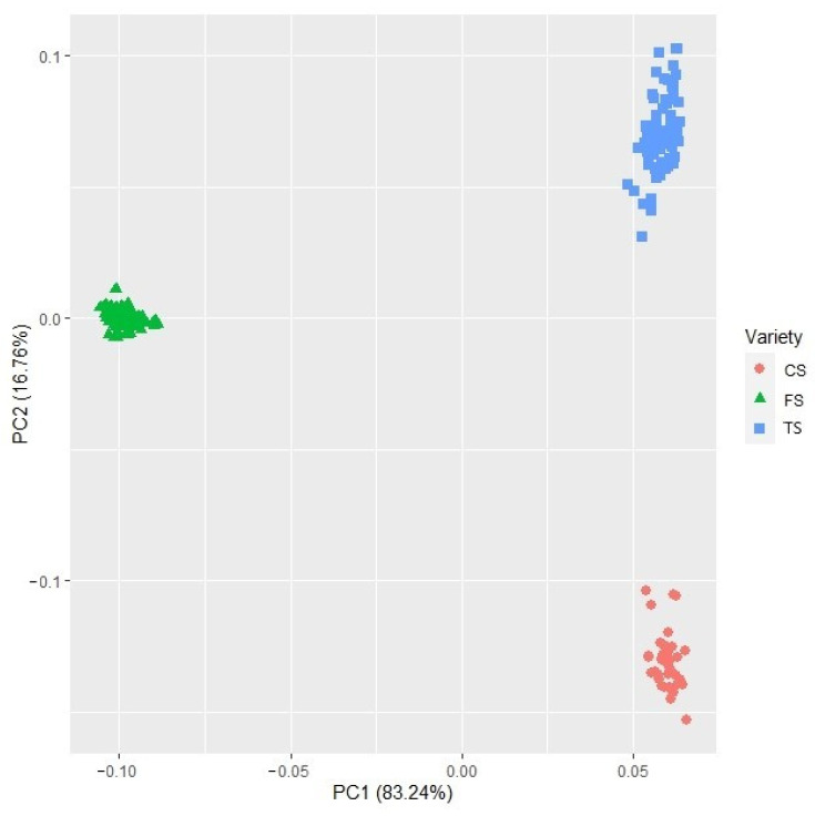 PCA plot of genotypic data of all three hemp varieties (Carmagnola selected (CS), Tiborszallasi (TS) and Finola selection (FS)) according to the first two components. First component, PC1, explained 83.24%, and second component, PC2, explained 16.76%.