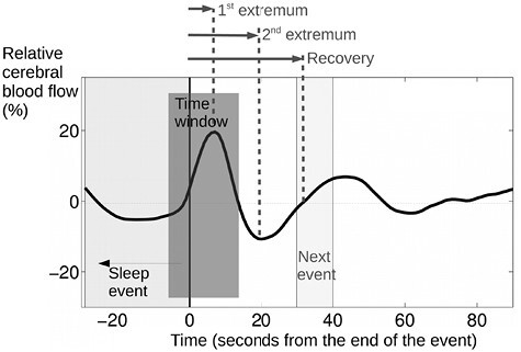 Visualization of the parametrization of the relative cerebral blood flow response to a single event. The first light gray region indicates the sleep event and the second, the possible following event. The dark gray region indicates the time window used to find the first extremum. The first and the second extrema and the parameters at recovery are labeled.