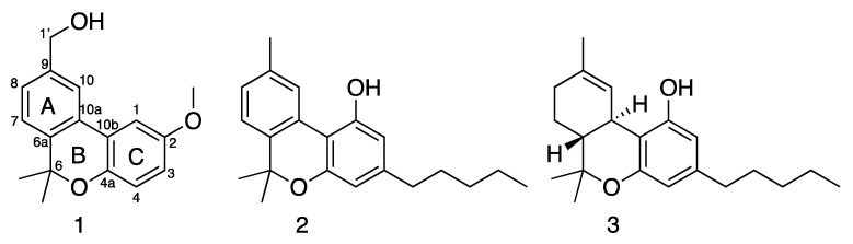 Structures of pulchrol (1), cannabinol (2) and tetrahydrocannabinol (THC) (3).
