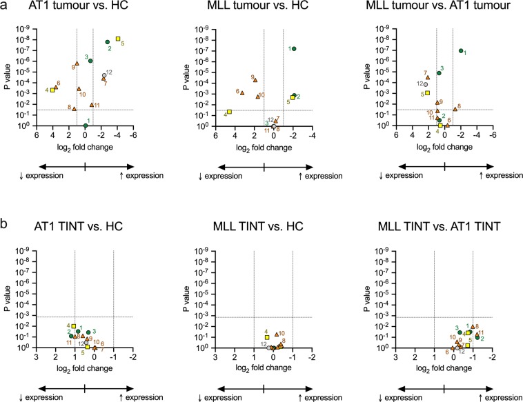 Volcano plots of bivariate comparisons between a, host control and tumour tissue; b, host control and TINT. The log2 fold change is calculated from the mean ∆Ct (Rpl19 as reference gene) values summarized in Tables 1 and 2. Note the different scales in Panels a and b. The P values are for the post-hoc comparisons given in these Tables. The vertical dotted lines show a fold change of ±1, i.e. a halving/doubling of mRNA expression. The horizontal lines show the critical value of P assuming a 5% false discovery rate (0.033 for Panel a, 0.0014 for Panel b). The genes are numbered as follows: 1, Napepld; 2, Dagla; 3, Daglb; 4, Cnr1; 5, Cnr2; 6, Faah; 7, Naaa; 8, Mgll; 9, Abhd6; 10, Abhd12; 11, Ptgs2 and 12, Tnfa.