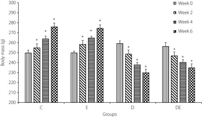 Average body mass of rats in the four groups. *Significantly different from week 0. C, control group; D, diabetic group; DE, diabetic and exercise group; E, exercise group.