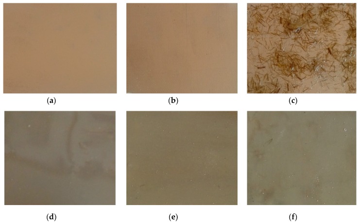 Images of the obtained surfaces: (a) EP; (b) EP_GF; (c) EP_GF_HF; (d) EP_PUA; (e) EP_GF_PUA; (f) EP_GF_HF_PUA.