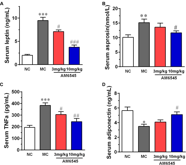 Effect of AM6545 on serum adipokines in MSG mice. (A) Serum leptin. (B) Serum asprosin. (C) Serum TNF. (D) Serum adiponectin. NC, normal control; MC, model control; values are mean ± SEM, n = 8 per group; ∗p < 0.05, ∗∗p < 0.01, ∗∗∗p < 0.001 versus NC group; #p < 0.05, ##p < 0.01, ###p < 0.001 versus MC group.