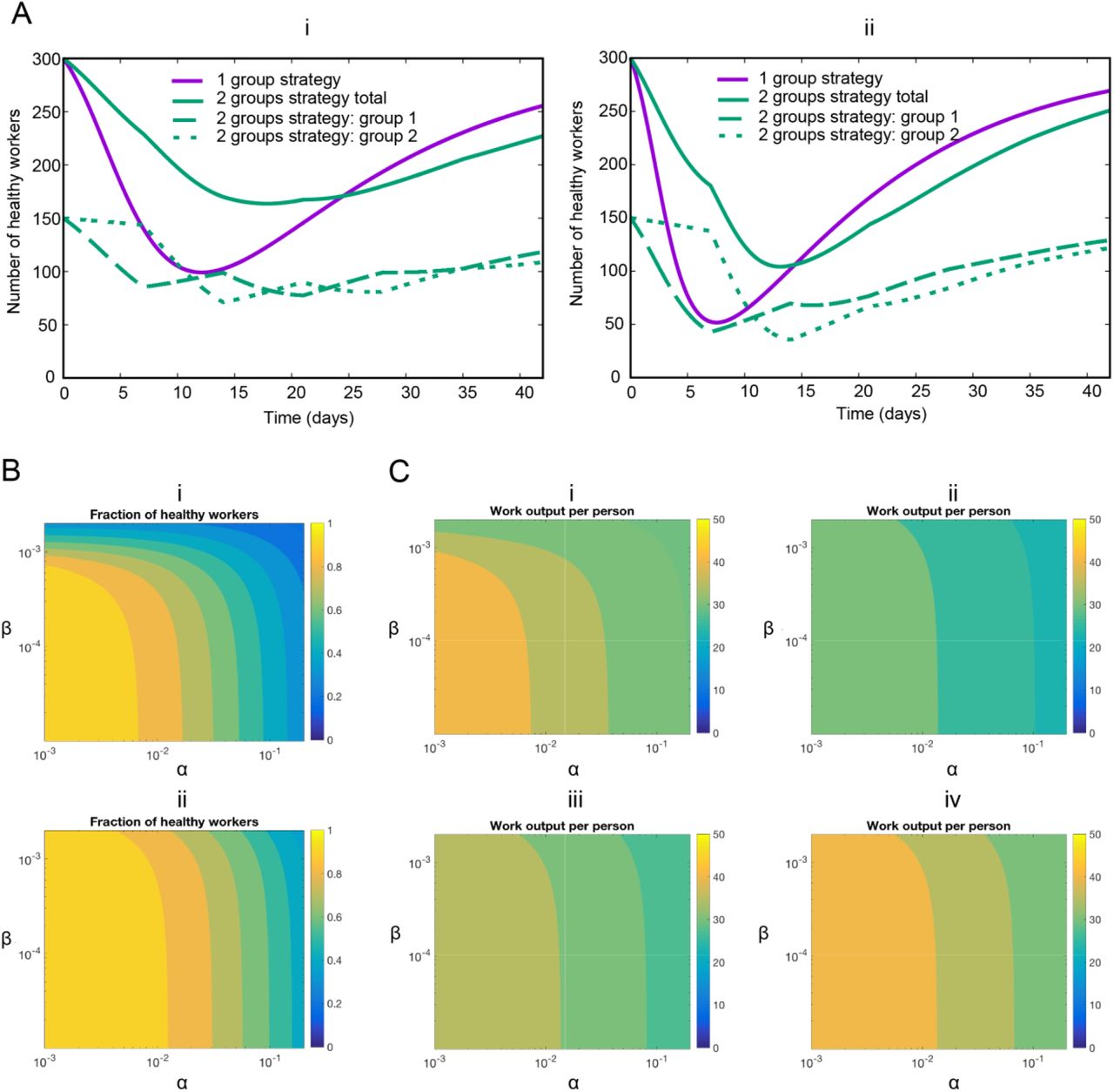 Representative examples of infection rates of healthcare workers with and without desynchronization (SLIRW). Number of healthy workers (susceptible plus recovered) as a function of time. (i) Assumption: low infection rate: α = 0.1, β = 0.001. α1 = 0.1, β1 = 0.001 during the odd weeks, and α2 = 0.1, β2 = 0.001 during the even weeks. (ii) Assumption: high infection rate: α = 0.2, β = 0.002. α1 = 0.2, β1 = 0.002 during the odd weeks, and α2 = 0.2, β2 = 0.002 during the even weeks. All rates are in units of day-1. (B). Impact of infection rates on healthcare workers availability during the peak infection rate. Minimum fraction of healthy workers during a simulation as a function of the infection rates. (i) Normal strategy. (ii) Desynchronization strategy α stands for α1 during the odd weeks and α2 during the even weeks, idem for β. The rates α and β in units of day-1. (C). Impact of infection rates on the productivity. Value of W(t) at the end of the simulation for the normal strategy (Strategy 1), and different values of the home office productivity with the desynchronized strategy. (i) Strategy 1, (ii) Strategy 2, productivity at home 0.5, (iii) Strategy 2, productivity at home 0.75, (iv) Strategy 2, productivity at home 1. The rates α and β in units of day-1