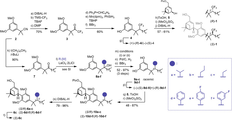 Synthesis of HU-308-derived C(2′)-substituted CB2R ligands. (a) DIBAL-H, CH2Cl2, –78 °C to rt, 96%; (b) TMS-CF3, TBAF, −78 °C to rt, 94%; (c) DMP, CH2Cl2, 0 °C to rt, 78%; (d) Ph3P(C5H11)Br, n-BuLi, −78 °C to rt, 73%; (e) Mn(dpm)3, PhSiH3, TBHP, i-PrOH, 83%; (f) BBr3, CH2Cl2, 0 °C to rt, 99%; (g) semi-preparative SFC, see SI for details; (h) TsOH·H2O, 5, CH2Cl2, 74–78%; (i) (MeO)2SO2, K2CO3, acetone, 94–97%; (j) DIBAL-H, CH2Cl2, 0 °C, 81–82%; (k) I(CH2)4CH3, t-BuLi, Et2O, pentane, −78 °C to rt, 90%; (l) R-[M], LaCl3·LiCl, THF, 0 °C, 71–99%, see SI for details; (m) (i) KHMDS, CS2, MeI, THF, −78 °C to rt, then 40 °C, or (ii) SOCl2, DMAP, pyridine, 0 °C to rt, see SI for details; (n) Pd/C, H2 (7–75 atm); (o) BBr3, CH2Cl2, 0 °C, 52–97% over 3 steps; (p) semi-preparative SFC, see SI for details; (q) TsOH·H2O, 5, CH2Cl2; (r) (MeO)2SO2, K2CO3, acetone, 48–87% over 2 steps; (s) DIBAL-H, CH2Cl2, 0 °C, 79–96%; (t) semi-preparative SFC, see SI for details.