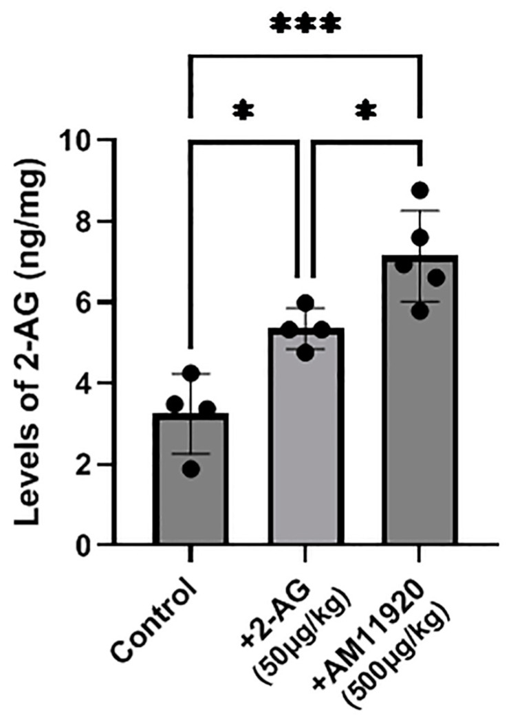 Measurement of 2-AG levels by HR-LC-MS/MS in retinas of control animals and animals treated with 2-AG (50 μg/kg, i.p., 4 d) or AM11920 (500 μg/kg, i.p., 4 d). Data are expressed as the mean ± SD (n = 4–5); * p < 0.05, *** p < 0.001.