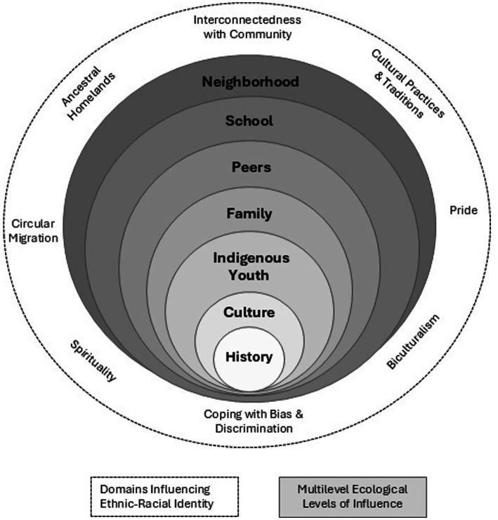 Concentric circles diagram showing the domains influencing ethnic-racial identity. From innermost to outermost: History, Culture, Indigenous Youth, Family, Peers, School, Neighborhood, all within interconnectedness with community. Surrounding terms include Ancestral Homelands, Cultural Practices, Pride, Biculturalism, Coping with Bias, Spirituality, and Circular Migration. Labeled sections identify domains and multilevel ecological levels of influence.