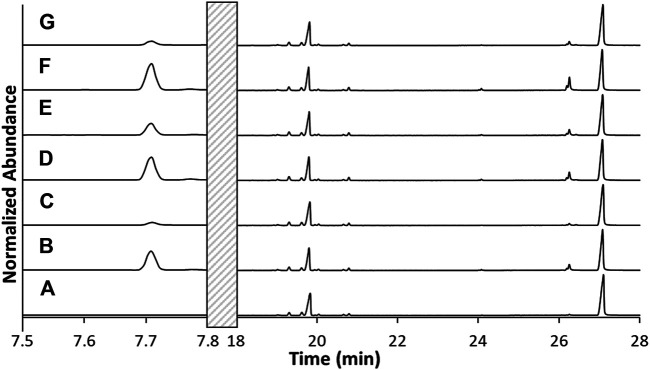 TIC of the unvaped THC and VEA-containing E-liquid (A) compared to TICs of the post-vaped E-liquids from cartridges C1-C6 (B–G), respectively. No peaks from 7.8 to 18 min.