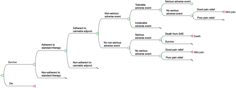 Abbreviated model overview. Pictured is a node structure wherein adjunctive cannabis is integrated into a treatment model using standard therapy agents described by Bellows et al.31 Beginning in a moderate-to-severe pain health state, simulated patients are assessed stepwise for mortality, adherence, tolerable or intolerable adverse events, SAE, and quality of pain relief. Patients who die are removed from the simulation and do not transition further. Nonadherence disqualifies a patient from experiencing either pain relief or adverse events from a given agent. Serious or intolerable adverse events trigger discontinuation of current therapy (with or without adjunctive cannabis) and drug-switching. Patients who attain good pain relief (pain score <4) transition to the mild pain state at the end of the cycle. In the absence of good pain relief, patients remain in moderate-to-severe pain at the end of the cycle. SAE, serious adverse events.