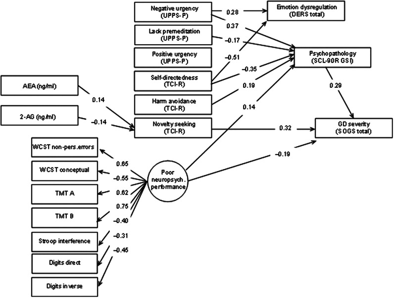 Path diagram with the standardized coefficients within the GD subsample. Results adjusted for sex and age. Only significant parameters are retained. Fit statistics: RMSEA = 0.065 (95%CI: 0.051 to 0.079); CFI = 0.909; TLI = 0.906; SRMR = 0.099; CD = 0.256.