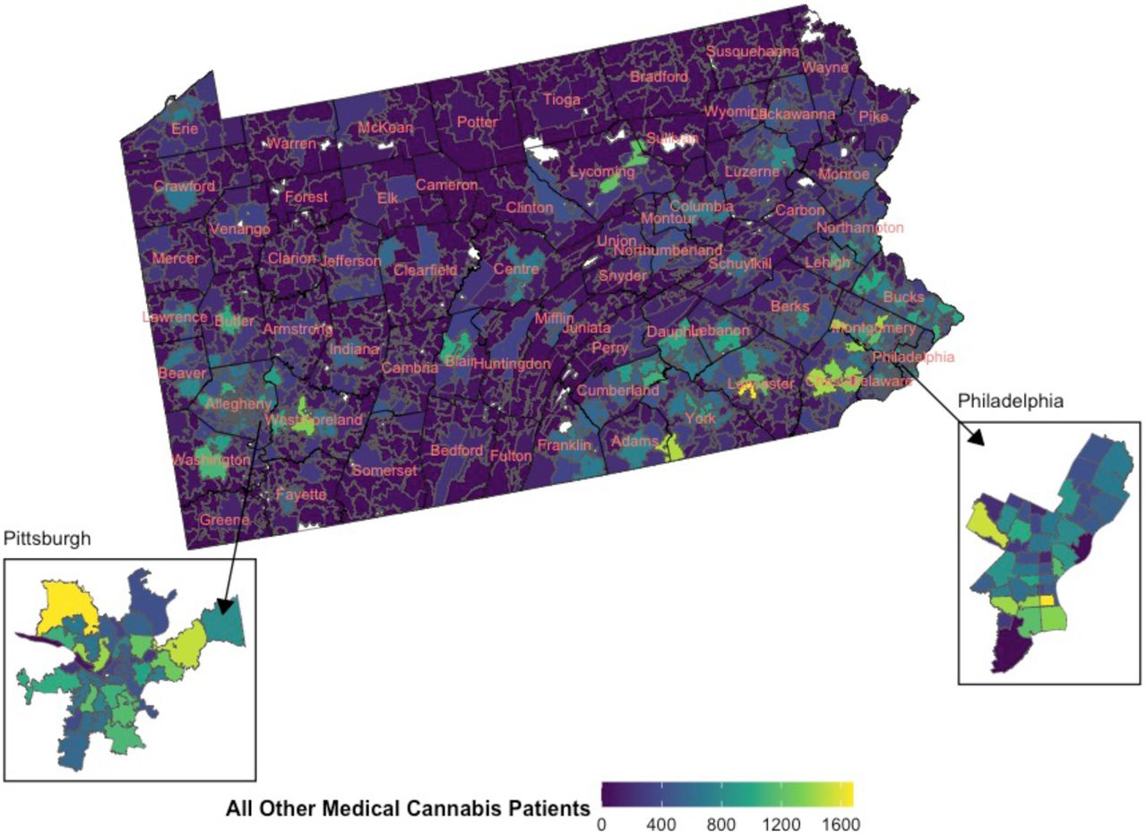 Distribution of all other patients within Pennsylvania in 2022.Light gray indicates no patients were present in the zip code. White indicates limited data on population.