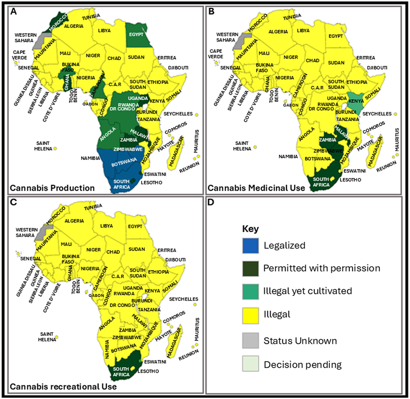An illustration country specific laws for Cannabis; A) production, B) Medicinal use and recreation in Africa.