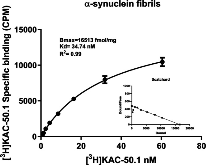 [3H]KAC-50.1 saturation binding assay using α-syn fibrils. [3H]KAC-50.1 saturation binding assays were carried out in α-syn fibrils using concentrations of 0.8–60 nM. NSB binding was determined using 10 μM of unlabeled KAC-50.1. Scatchard plots indicate Bmax and KD values. Error bars represent the mean ± SD for one experiment performed in quadruplicates. Bmax = maximum number of binding sites; KD = dissociation constant; and R2 = regression coefficient.