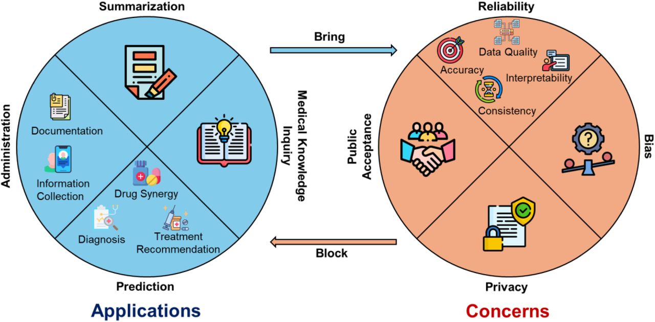 A summary of the applications and concerns about LLMs in healthcare as communicated by the reviewed papers. LLMs: large language models.