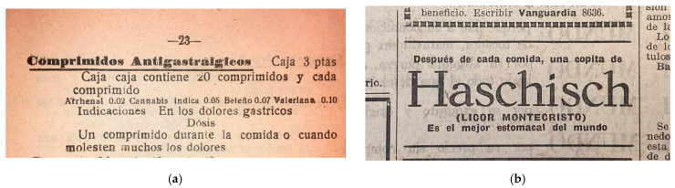 Two of the formulations indicated for GIDD that were present on the market in Barcelona: (a) Excerpt from the catalogue of Laboratorio Farmacéutico Nacional (1923); courtesy of Bibliothecas Archivumque ex Legationis Cannabis; licence: public domain; (b) advertisement for the Montecristo Liquor of Haschisch in the Catalan newspaper La Vanguardia (1927) No. 46 Vol. 19894, p. 4; courtesy of Arxiu Històric de la Ciutat de Barcelona (AHCB); © AHCB.