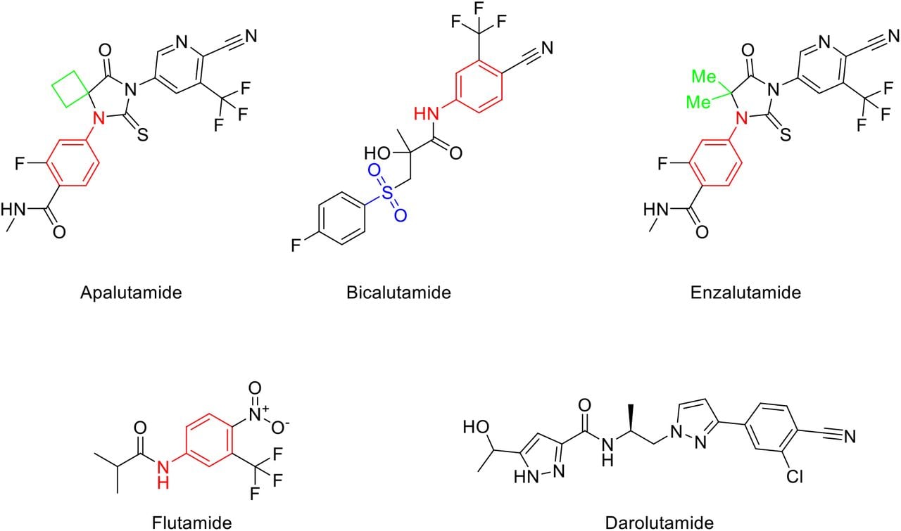 Structures of NSARAs studied. Colour coding: red for masked arylamine motif; blue for sulfonyl group; green for additional MMP analysis.