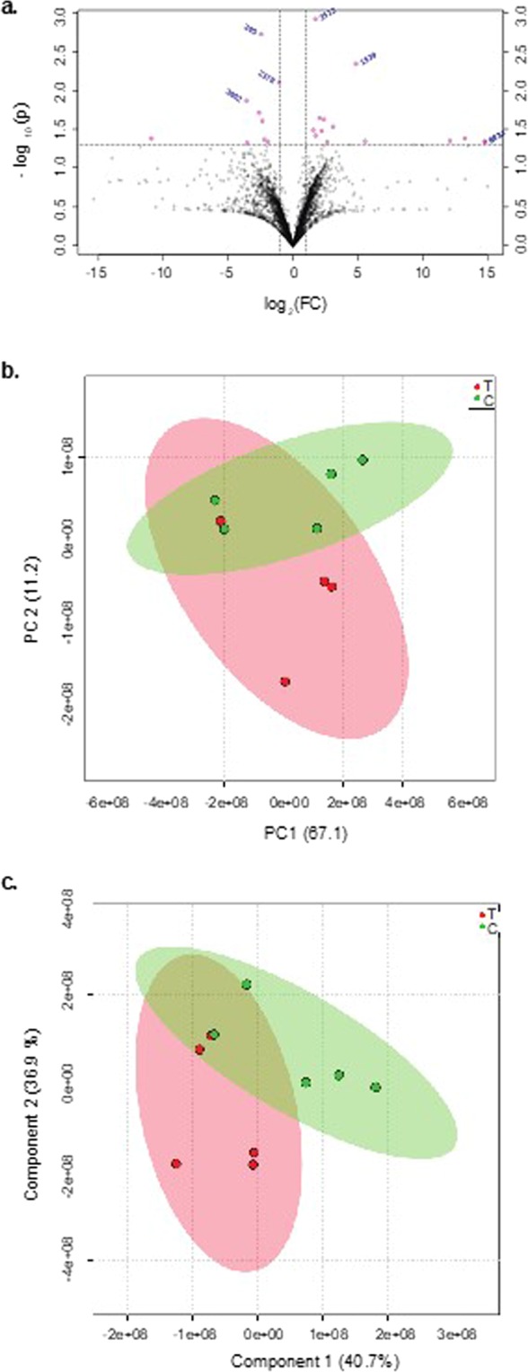 Fecal metabolome changes in 1X samples. (a) Volcano plots enabling the visualization of metabolites showing differential abundance. These were selected based on fold change (X-axis) and p-value in (Y-axis). The m/z values (highlighted in pink) represent a fold change of ≥0.5 or ≤2.0 and p-value ≤ 0.05 in THC administered mice compared to the vehicle controls and were selected for further characterization. (b) PCA score scatter plots based on fecal metabolic profiling of THC (n = 5) and control (n = 5) mice c) PLS- DA score plots based on detected fecal metabolites from THC administered (n = 5) and control (n = 5) mice. T, THC administered mice, C, control mice.