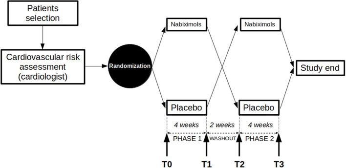 Study protocol design. Study crossover design is represented. After checking for inclusion/exclusion criteria and passing the cardiological evaluation, patients were randomized to placebo/nabiximols or nabiximols/placebo arms. The two phases of the study were separated by a washout period, started with visits T0/T2 and ended with visits T1/T3.