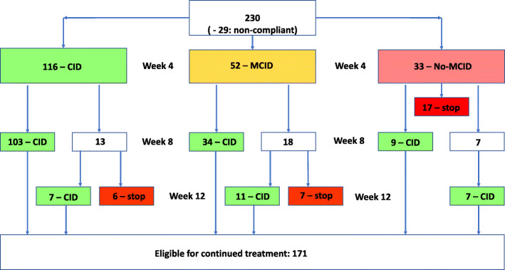 NRS response follow-up. Abbreviations according to Farrar et al. 2008. CID: Clinically important difference (> = 30% improvement on the NRS score) / MCID: minimal clinically important difference (> = 20% improvement on the NRS score) / no-MCID: < 20% improvement on the NRS score [21]. The 29 patients with deviating data collection have not been considered for response follow-up