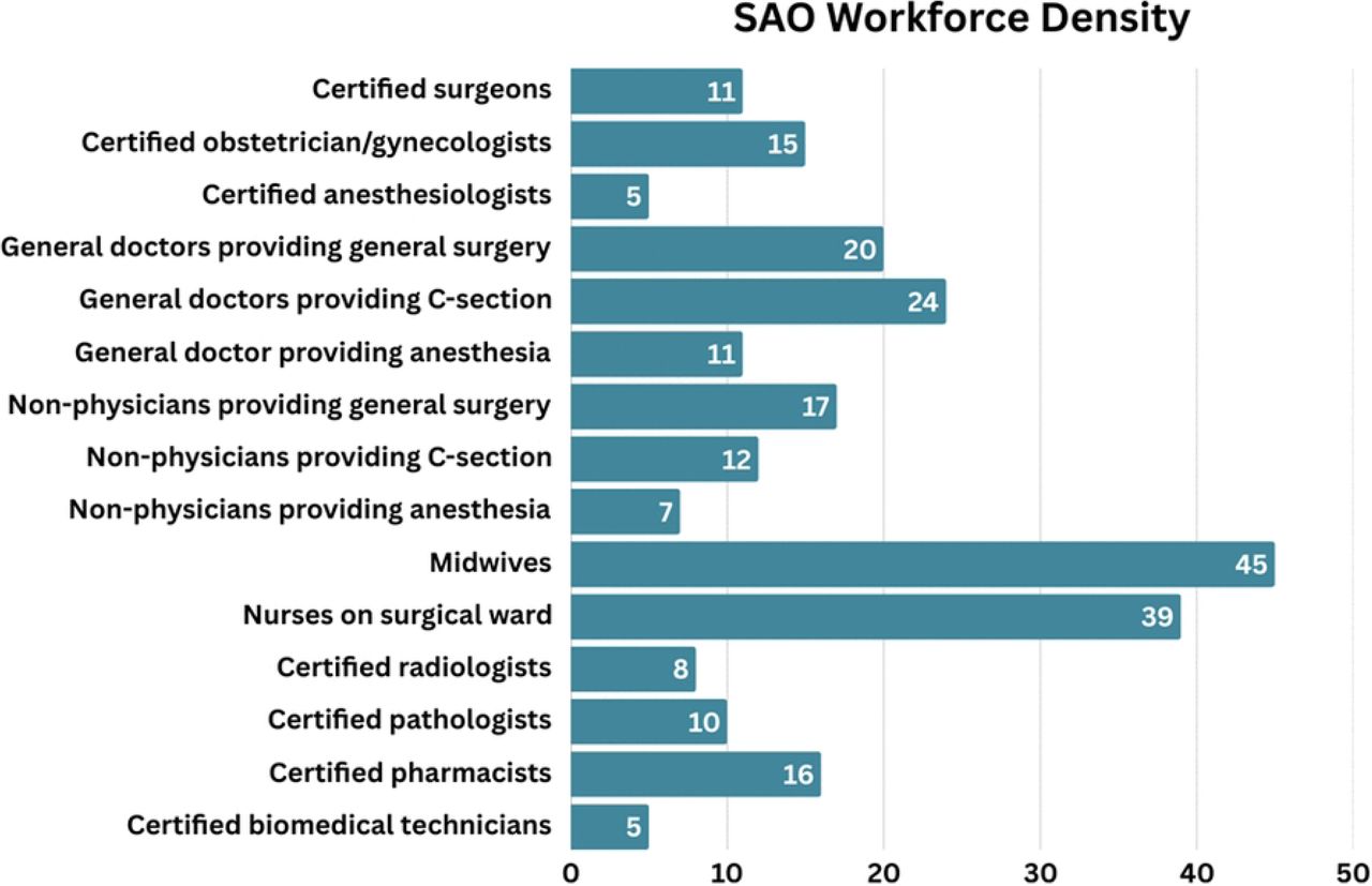 Surgical, obstetric and anesthesia (SOA) workforce at assessed facilities in CES, South Sudan, May 2024.