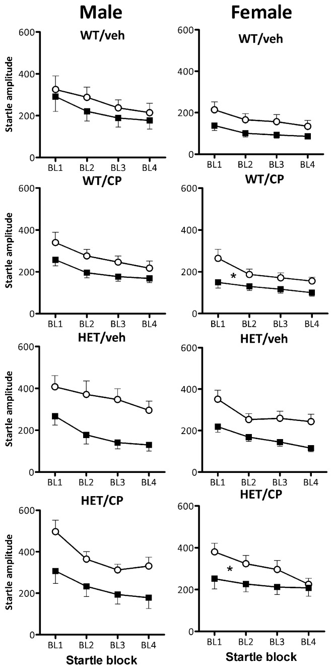 Startle habituation expressed per startle block in the four treatment groups: WT/veh, WT/CP, HET/veh, and HET/CP in both sexes. All groups were acutely administered saline (Sal; open circles) and 0.4 mg/kg CP55,940 (CP; black squares). Data are mean ± SEM. *P < 0.05 for acute CP injection to reduce startle habituation in female WT and HET mice previously treated with CP in young-adulthood based on ANOVA interaction. Even though acute CP injection reduced startle overall (see Figure 6), it had no effect on startle habituation in any of the other groups. For statistical analysis, see text.