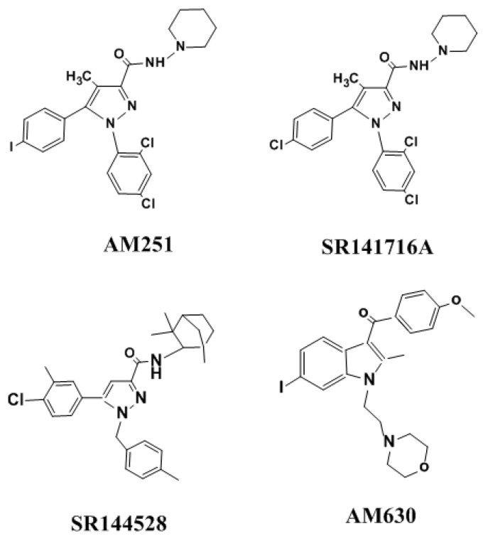 The structure of selective CB1R and CB2R antagonists.