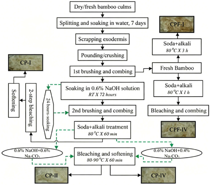 Extraction process of natural bamboo fiber, including initial treatment, enzymatic and chemical delignification, modification, and softening for various specimens [9].