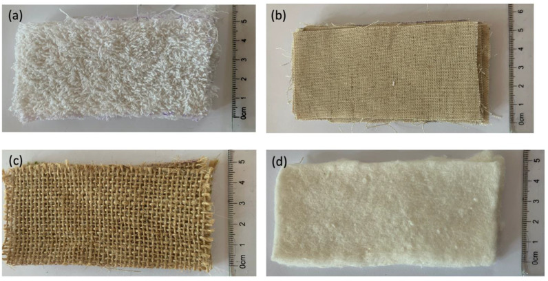 Optical photograph of the biodegradable materials used in the present study before absorption of gelatine solution; (a)—100% cotton terry cloth, (b)—100% linen cloth, (c)—100% hemp cloth, (d)—100% bamboo wadding.