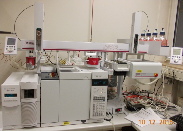 GC/MS with MPS Dual Head at the Institute of Legal Medicine, Giessen, Germany. Modules from left to right: quickMix (for LLE), wash station, tray 1 (vials for extracts), solvent reservoir, mVAP (for extract evaporation), Solvent Filling Station (solvent supply), cooled tray 2 (vials for serum samples), and centrifuge (for phase separation)