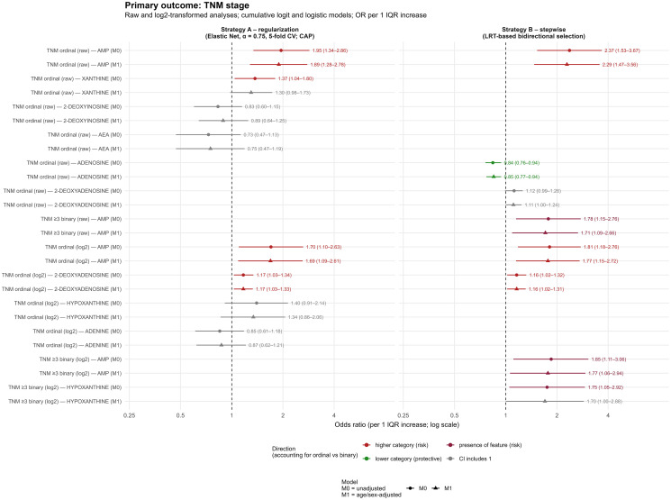 Forest plot compares odds ratios for TNM stage with two model strategies: Elastic Net regularization (left) and stepwise LRT-based selection (right). Each row represents a metabolite and analysis type, showing odds ratios with confidence intervals. Red markers indicate higher risk, green indicates protective associations, and grey indicates confidence intervals including one. Unadjusted and age/sex-adjusted models are shown. Odds ratios above one suggest increased risk, below one suggest protection.