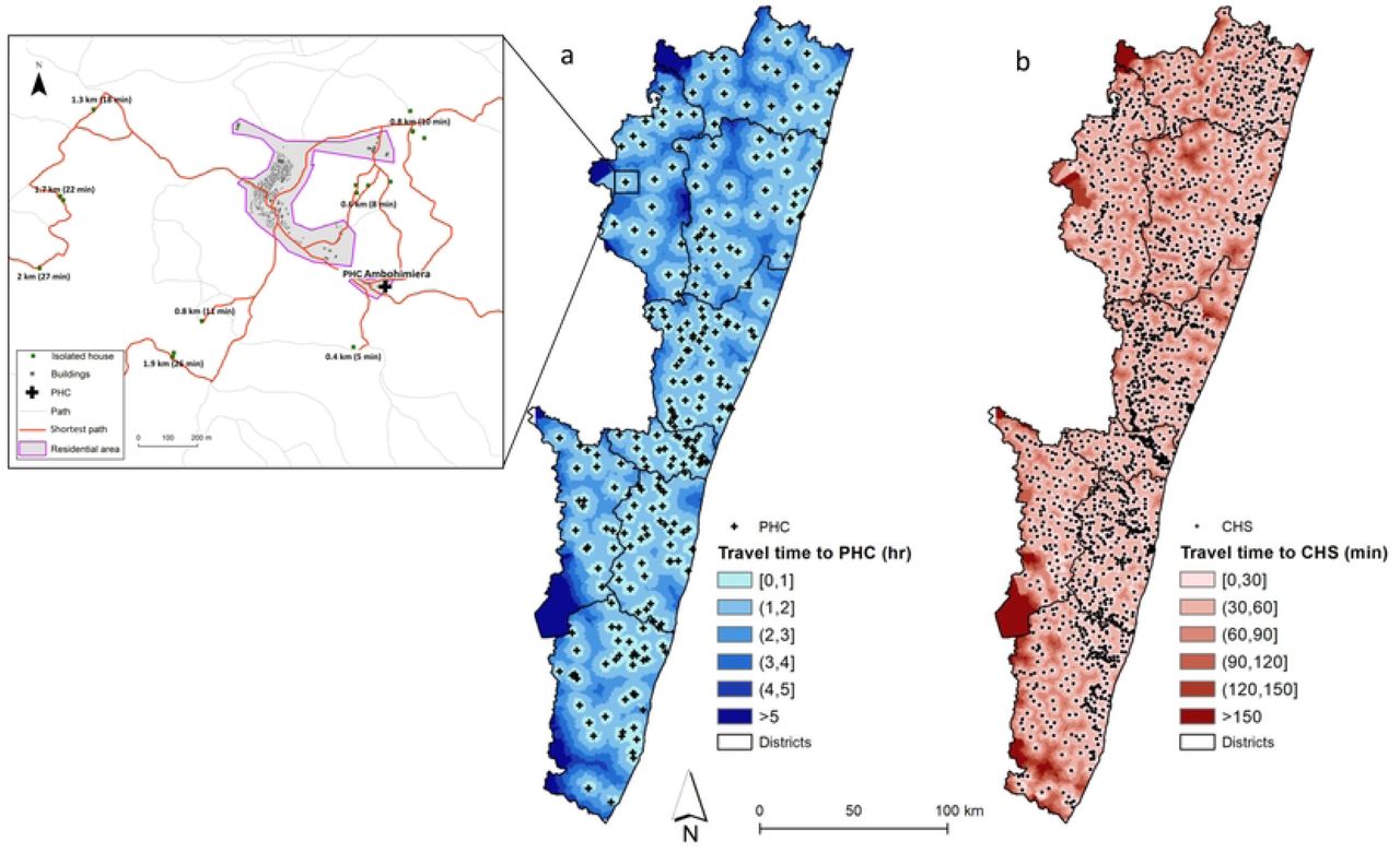 Spatial distribution of geographic accessibility to primary care in south-eastern Madagascar. Maps show estimations of travel time without rainfall to the nearest (A) primary health care center (B) community health site for the nearly 1.5 million buildings in the OSM database.
