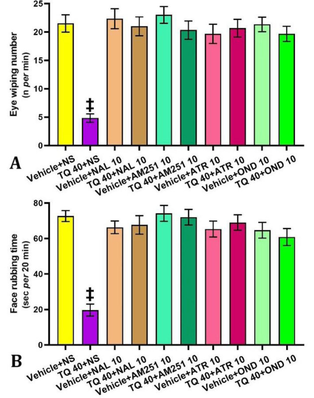 Effects of intracerebroventricular injection of normal saline (NS), naloxone (NAL), N-(Piperidin-1-yl)-5-(4-iodophenyl)-1-(2,4-dichlorophenyl)-4-methyl-1H-pyrazole-3-carboxamide (AM251), atropine (ATR), and ondansetron (OND) alone and after vehicle and thymoquinone (TQ) on A) eye wiping number and B) face rubbing time. The TQ was orally administered 60 min, and NAL, AM251, ATR, and OND were intracerebroventricularly injected 10 min before pain induction. The TQ doses are in mg kg-1, and NAL, AM251, ATR, and OND doses are in μg kg-1. ‡ p < 0.001 in comparison with other groups.