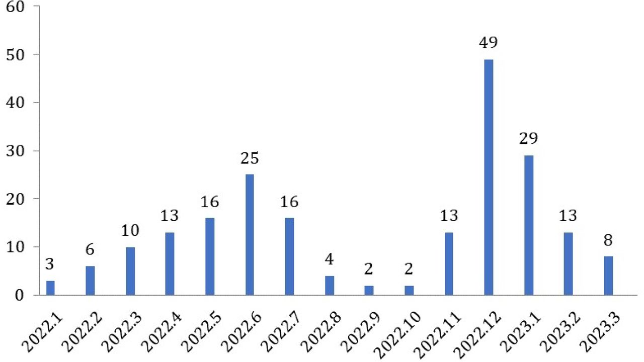 Temporal Distribution of the Onset of Skin Lesions Caused by Medical Disinfectants and Personal Protective Equipment (Histogram) (n=209)