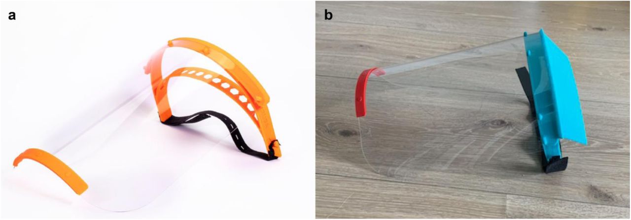 A) Image of Prusa design6 and B) final PanFab face shield prototype.