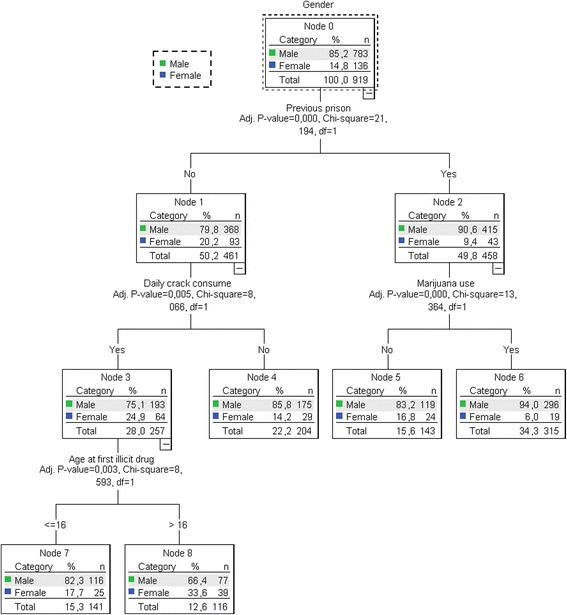 Results of chi-squared automatic interaction detector (CHAID) model for previous prison and pattern of drug use in crack users in Central Brazil