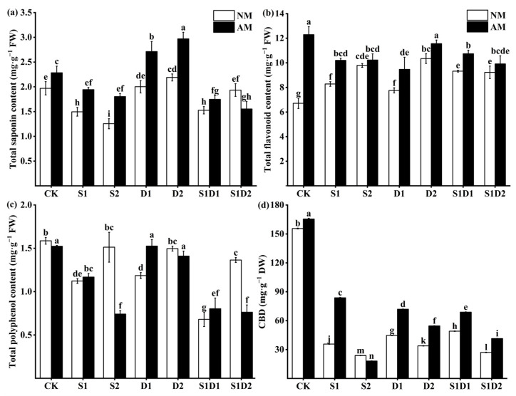 Total saponins (a), total flavonoids (b), total phenols (c), and CBD (d) content of hemp leaves under salt and drought stress. Bars indicate mean ± S.E. Different letters indicate significant differences between hemp with and without AMF under each treatment.