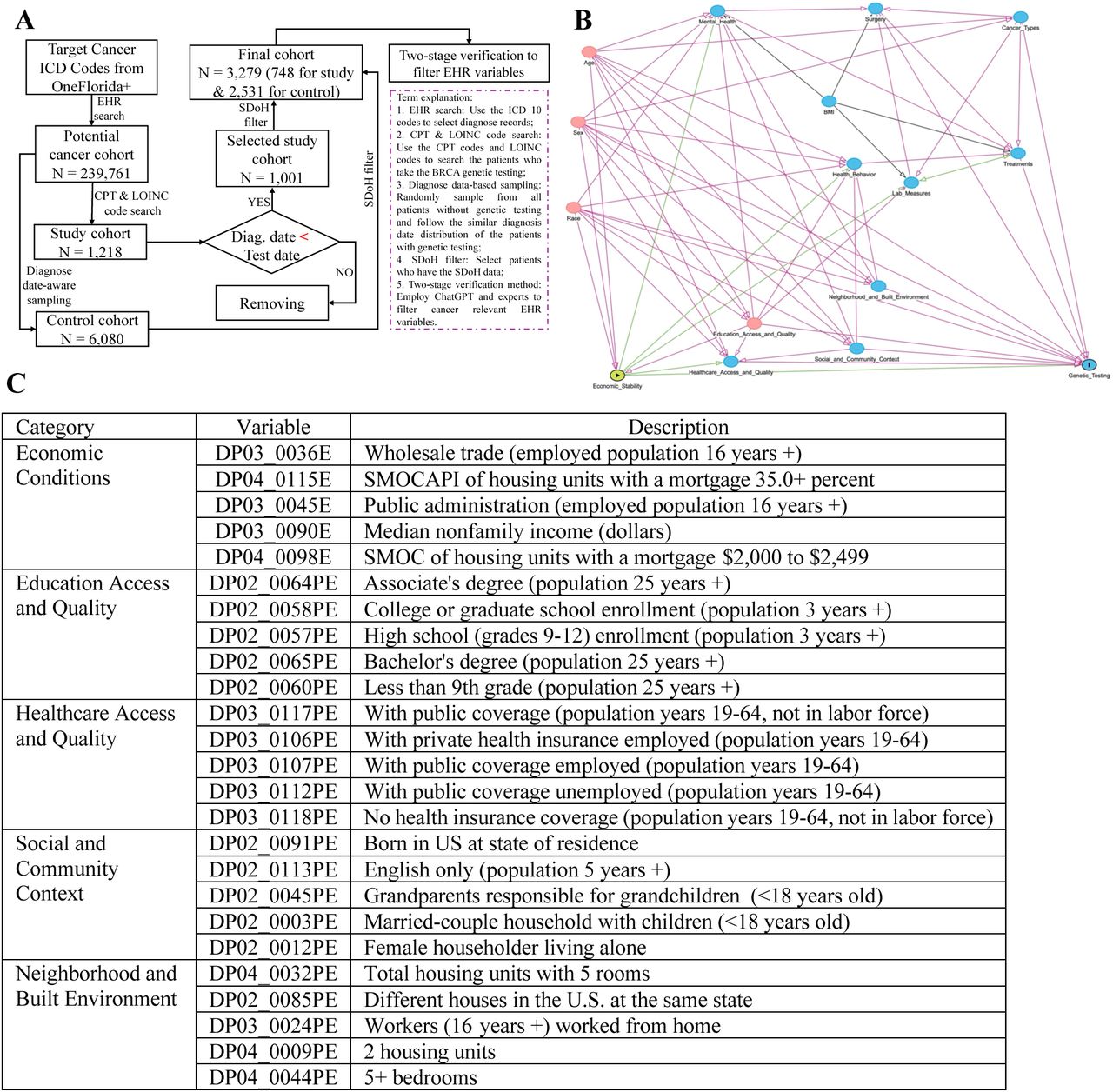 Overview of data preparation and analytical workflow. (A) Cohort construction process for identifying eligible cancer patients and defining case-control groups. (B) Example directed acyclic graph (DAG) illustrating economic conditions as the exposure and the corresponding adjustment set, including age, sex, race, and education access and quality. (C) Final set of selected social determinants of health (SDoH) features included in the analysis.