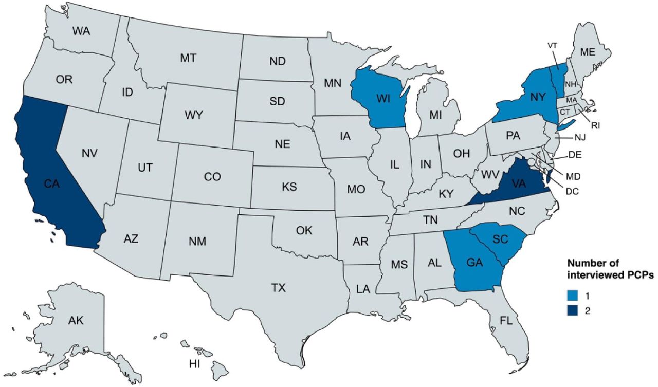 VA locations of 9 primary care providers interviewed about their experiences receiving genomic results from the Million Veteran Program Return Of Actionable Results Study.