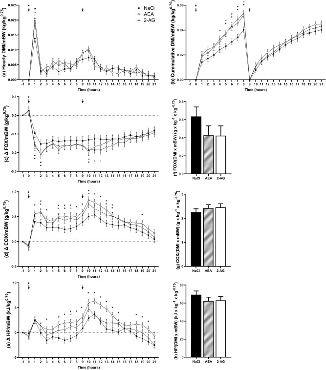 Hourly dry matter intake (DMI) per mBW (a), cumulative DMI/mBW (b), changes in fat oxidation per mBW (Δ FOX/mBW) (c), changes in carbohydrate oxidation per mBW (Δ COX/mBW) (d), changes in heat production per mBW (Δ HP/mBW) (e) and daily fat oxidation (FOX) (f), carbohydrate oxidation (COX) (g) and heat production (HP) (h), each normalized to dry matter intake (DMI) and metabolic bodyweight (mBW). Cows were intraperitoneally injected with either NaCl (n = 7), AEA (n = 7) or 2-AG (n = 6). Feed was withheld from 07:00 to 08:00 a.m. The star indicates the i.p. injection (08:00 a.m.), the arrow indicates feeding at 08:00 a.m. and 05:00 p.m. Graphs are presented as highest level of significant interaction, associated P-values can be found in Supplementary Table S3. Treatment differences between the control and AEA group are indicated by * (P < 0.05; Tukey–Kramer), and differences between the control and 2-AG group are indicated by “(P < 0.05; Tukey–Kramer).