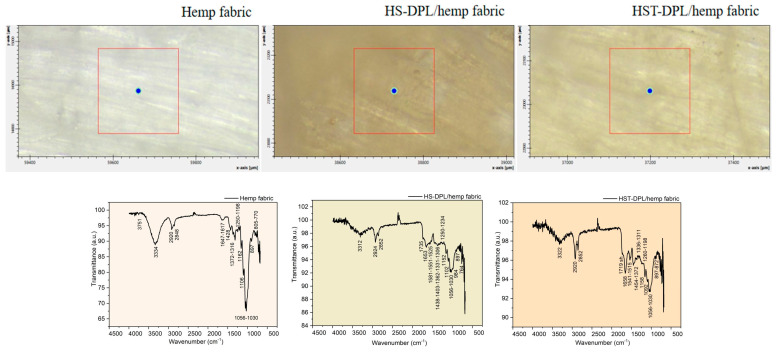 Micro-FTIR ATR spectra of the hemp fabric and of the thin films deposited on the hemp fabric by DPL technique (HS-DPL/hemp fabric and HST-DPL/hemp fabric).